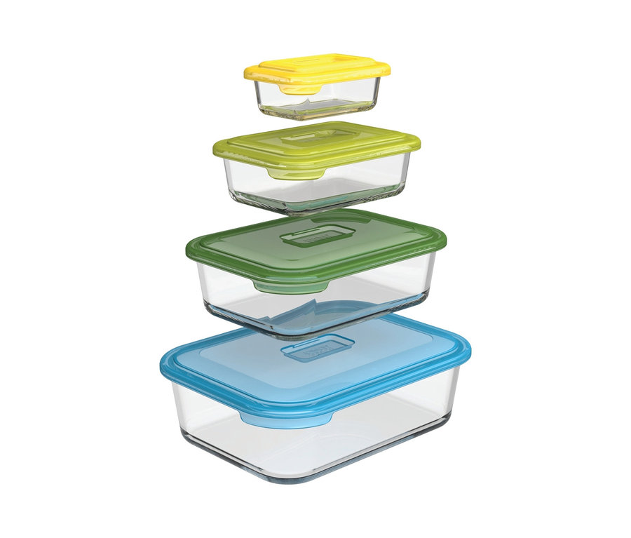 Vier Joseph Joseph Glas-Aufbewahrungsbehälter mit farbigen Deckeln gestapelt.