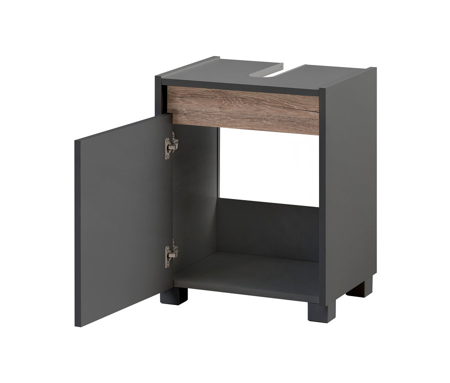 Schmaler Waschbecken-Unterschrank »Cosmo« in Anthrazit mit geöffneter Tür.