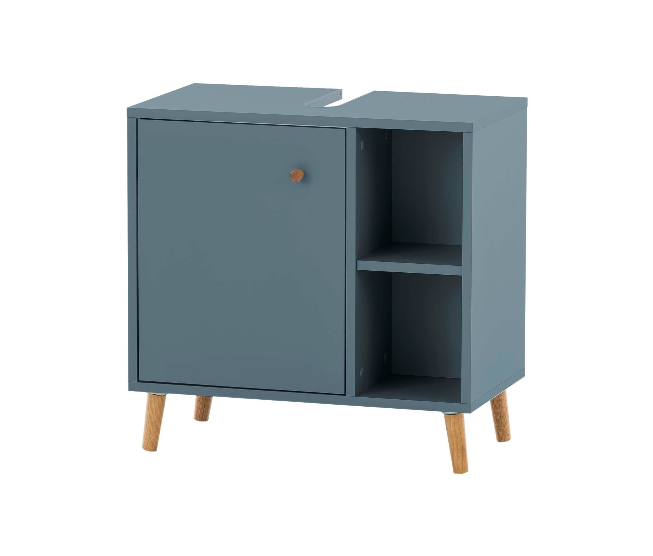 Ein fjordblauer Waschbeckenunterschrank »Bjarne« mit einer Tür und offenen Regalen steht auf vier Holzfüßen.