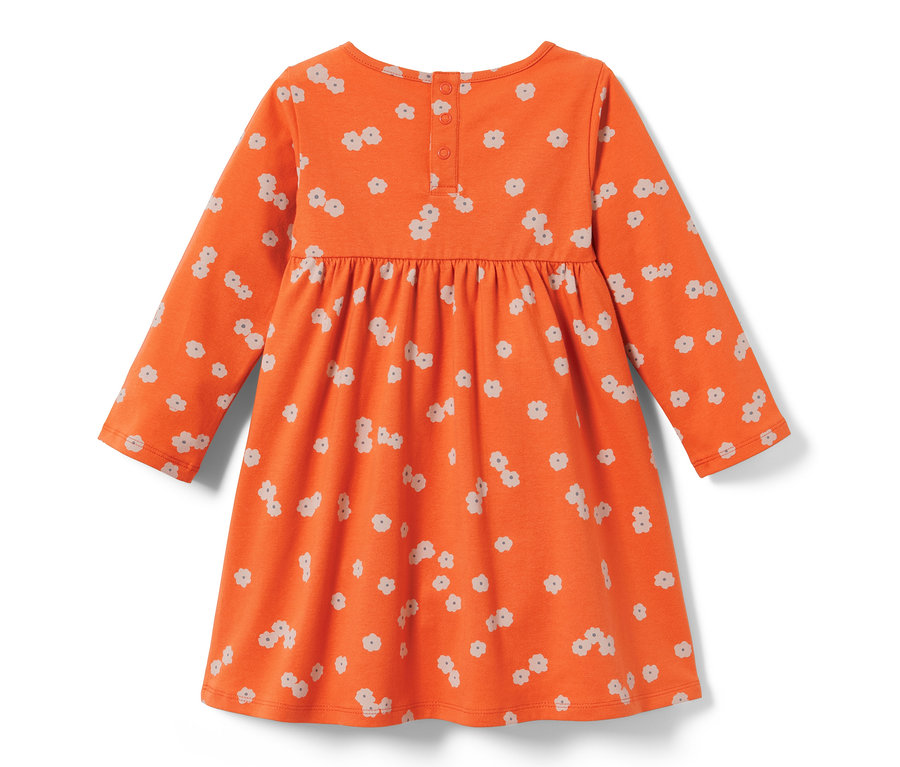 Orangefarbenes Kleinkind-Jerseykleid mit Blumenmuster.