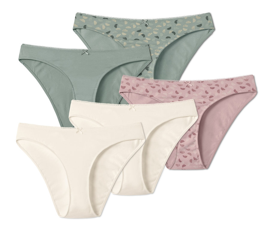 Fünf Slips in verschiedenen Farben und Mustern.