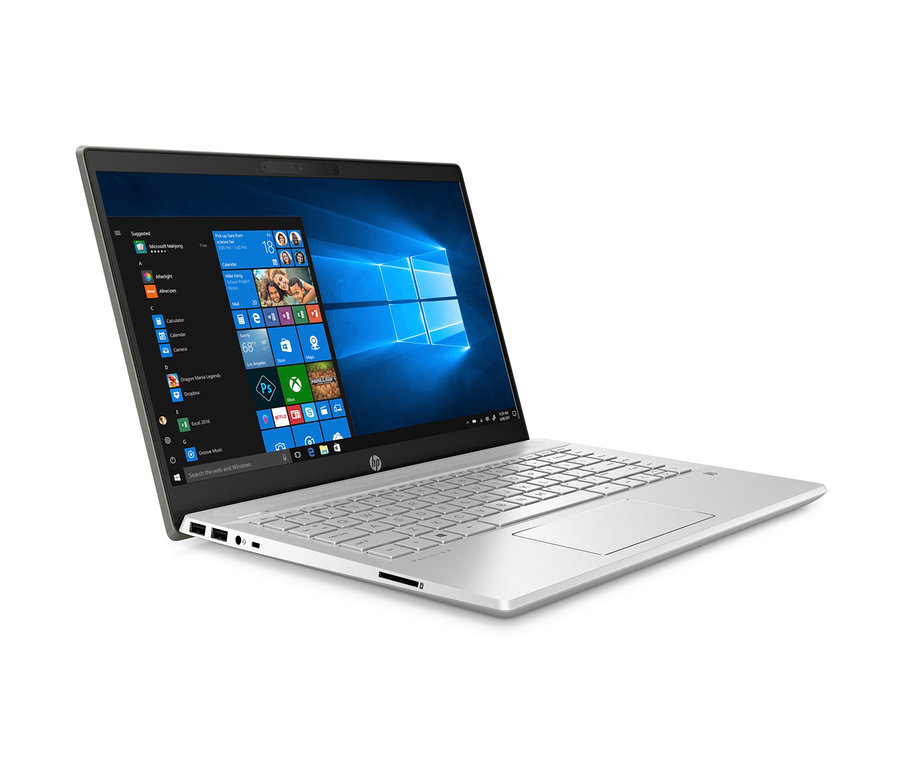Geöffnetes silberfarbenes HP Pavilion Notebook »14-ce3510ng«. Auf dem Bildschirm wird das Windows-Betriebssystem angezeigt.