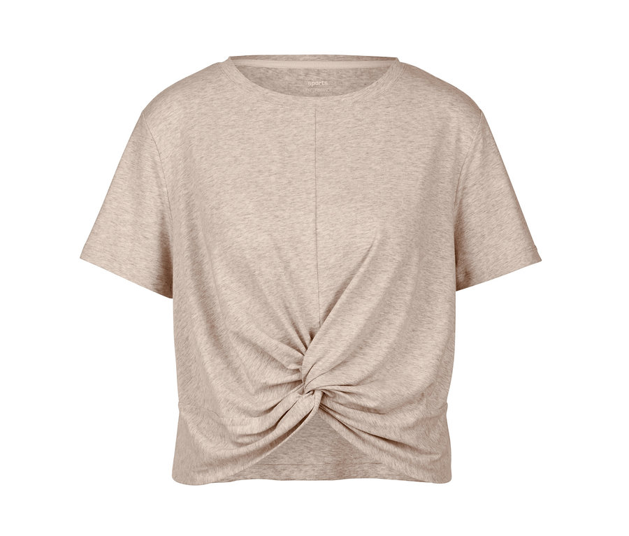 Beiges Sportshirt mit Knoten.