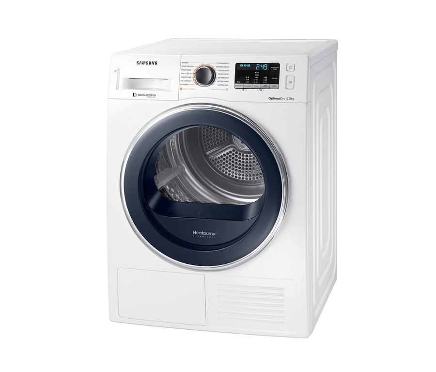 Weißer Samsung Wärmepumpentrockner »DV81M5210QW/EG«, A+++, mit schwarzer Tür und Digitalanzeige.