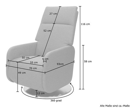 Abmessungen des Relaxsessels "Beja" werden mit Linien und Zahlen dargestellt.