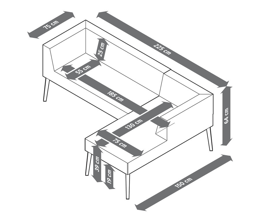 Skizze eines Premium-Lounge-Sets mit Sitzhocker und Tablett, einschließlich Maßangaben.