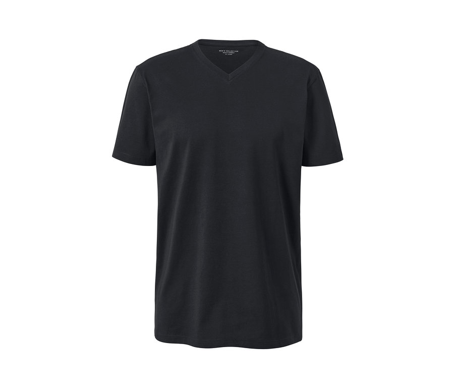 Schwarzes T-Shirt mit V-Ausschnitt und kurzen Ärmeln.