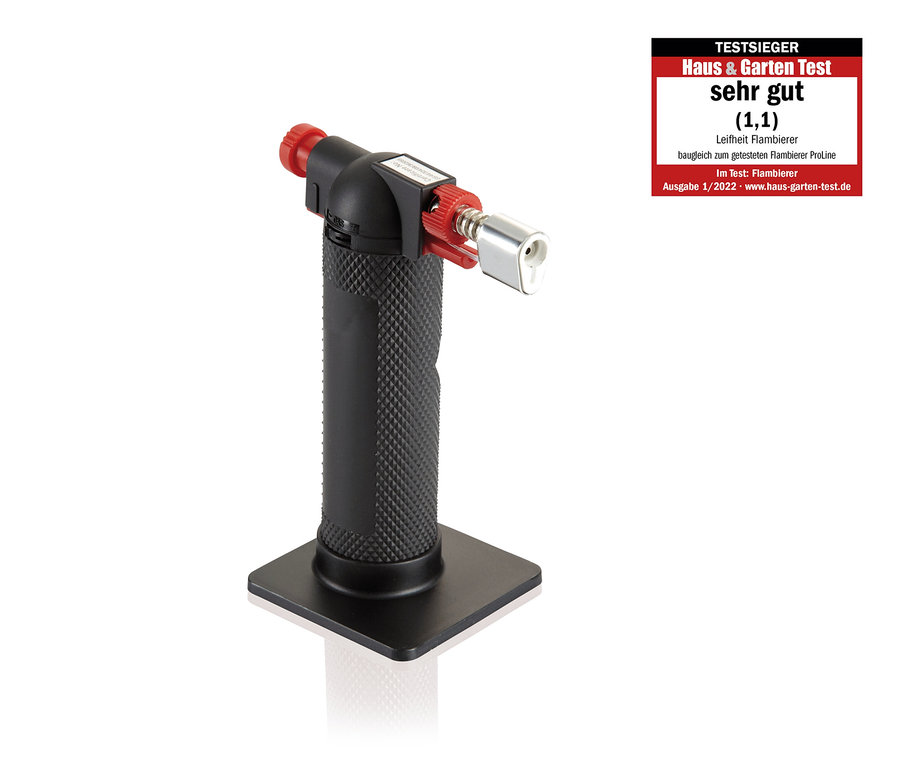 Schwarzer Gourmet-Brenner auf einem schwarzen Sockel.