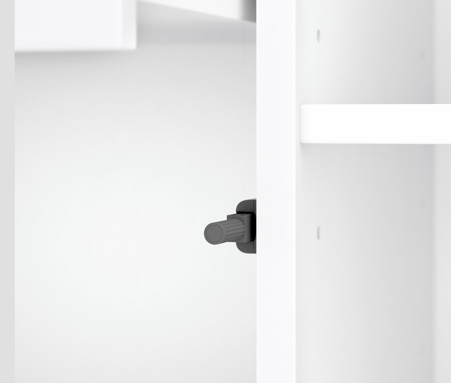 Detailansicht eines weißen Bad-Sideboards mit Drehknopf.