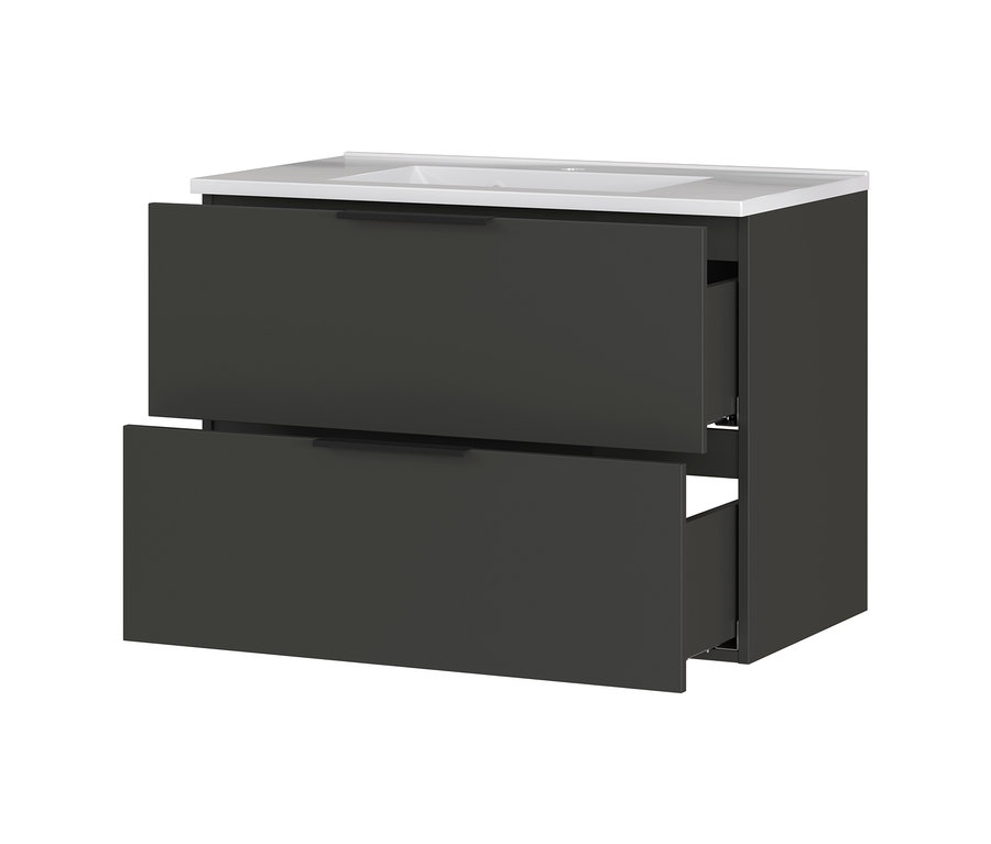 Grauer Dalvik Waschtisch-Unterschrank mit zwei Schubladen, von denen eine geöffnet ist.