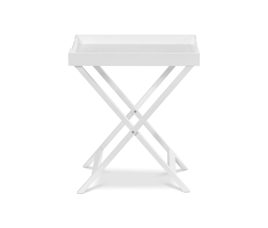 Ein weißer Tablettisch mit Klappfunktion auf weißem Hintergrund.