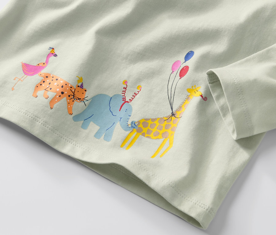 Hellgrünes Baby-Langarmshirt mit Aufdruck von Tieren mit Geburtstagshüten.