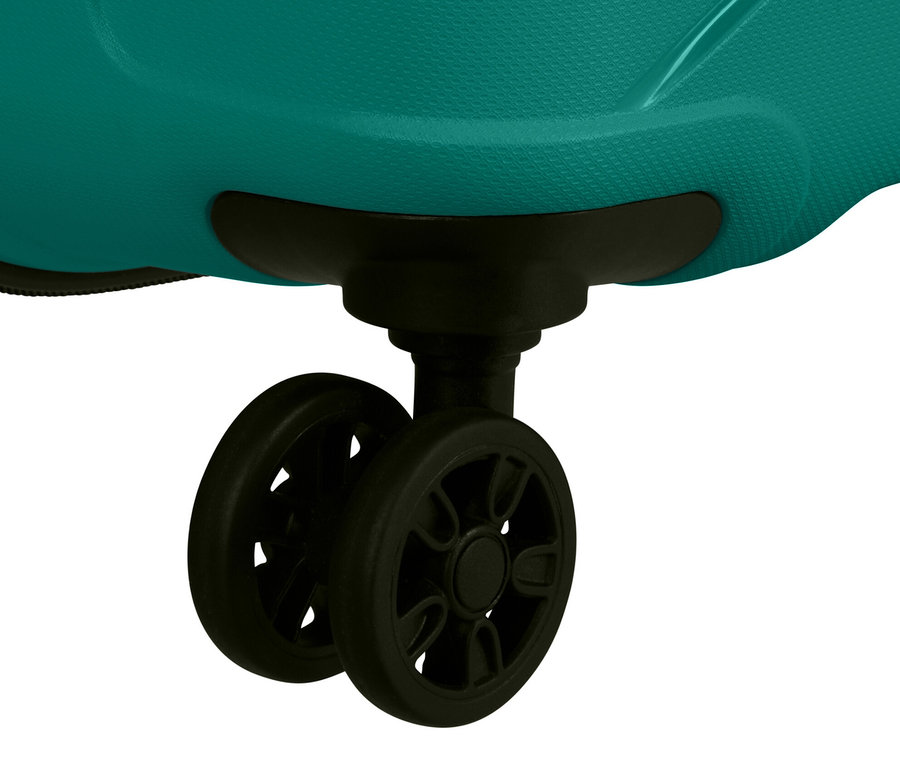 Detailaufnahme der Rollen eines großen, sportlich blaugrünen American Tourister Jetdriver 3.0 Koffers.