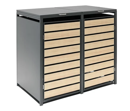 Eine Mülltonnenbox für 2 Mülltonnen mit horizontalen Holzlamellen.