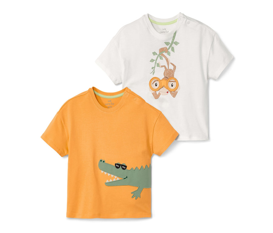 Zwei Kinder-T-Shirts: ein oranges mit Krokodil, ein weißes mit Affe.