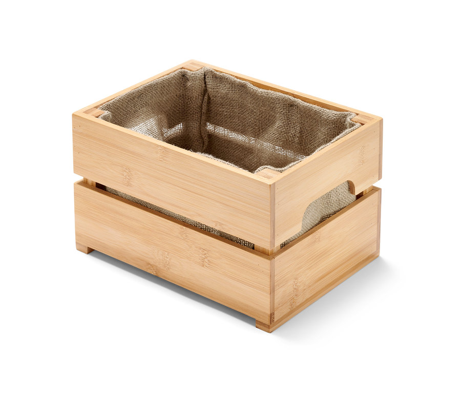 Ein brauner Pflanzkasten (Weinkiste) mit Jute-Einsatz.