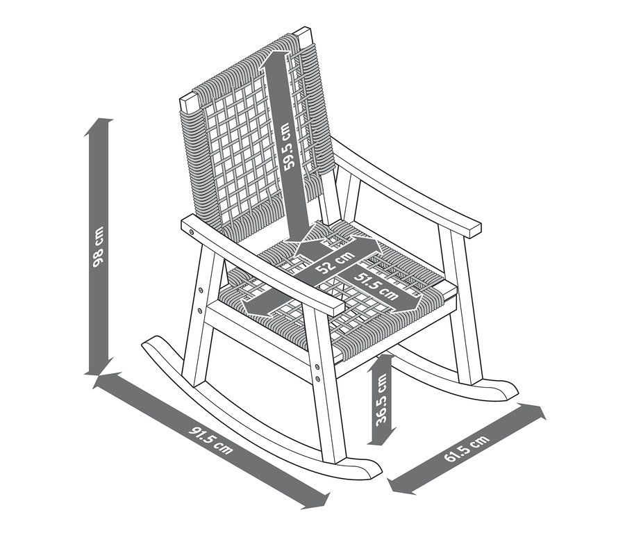 Abmessungen des Schaukelsessels mit Polyrattangeflecht.