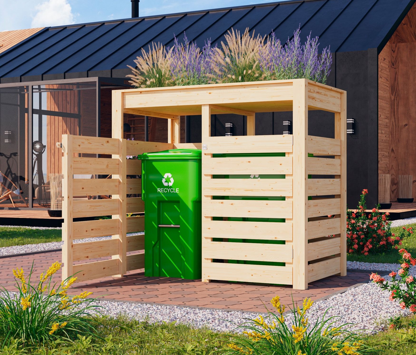 Thumbnail - Karibu Mülltonnenbox für 2 Tonnen mit Pflanzdach - 158x88x143cm - naturfarben - Fichtenholz