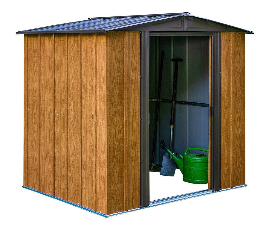 Geöffnetes Metallgerätehaus »Woodlake 6x5« mit Werkzeugen im Inneren.
