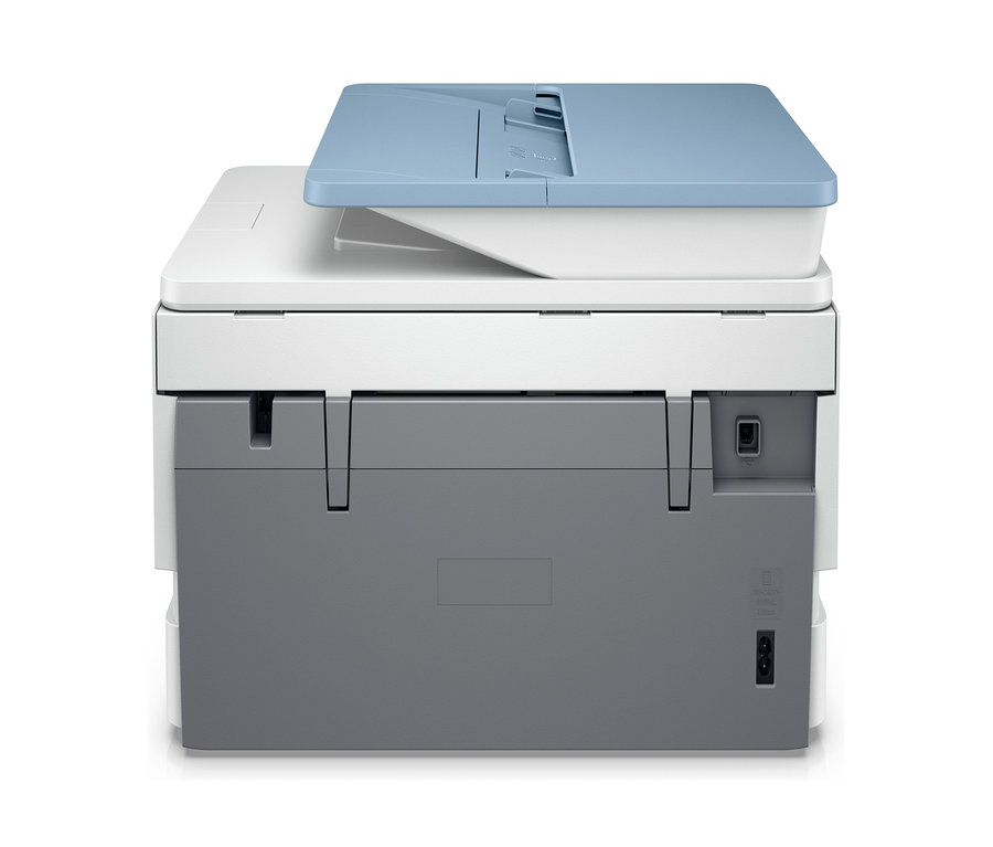 Detailansicht des HP Envy Inspire 7921e All-in-One-Druckers. Der Drucker hat eine hellblaue Oberseite und eine graue Unterseite.