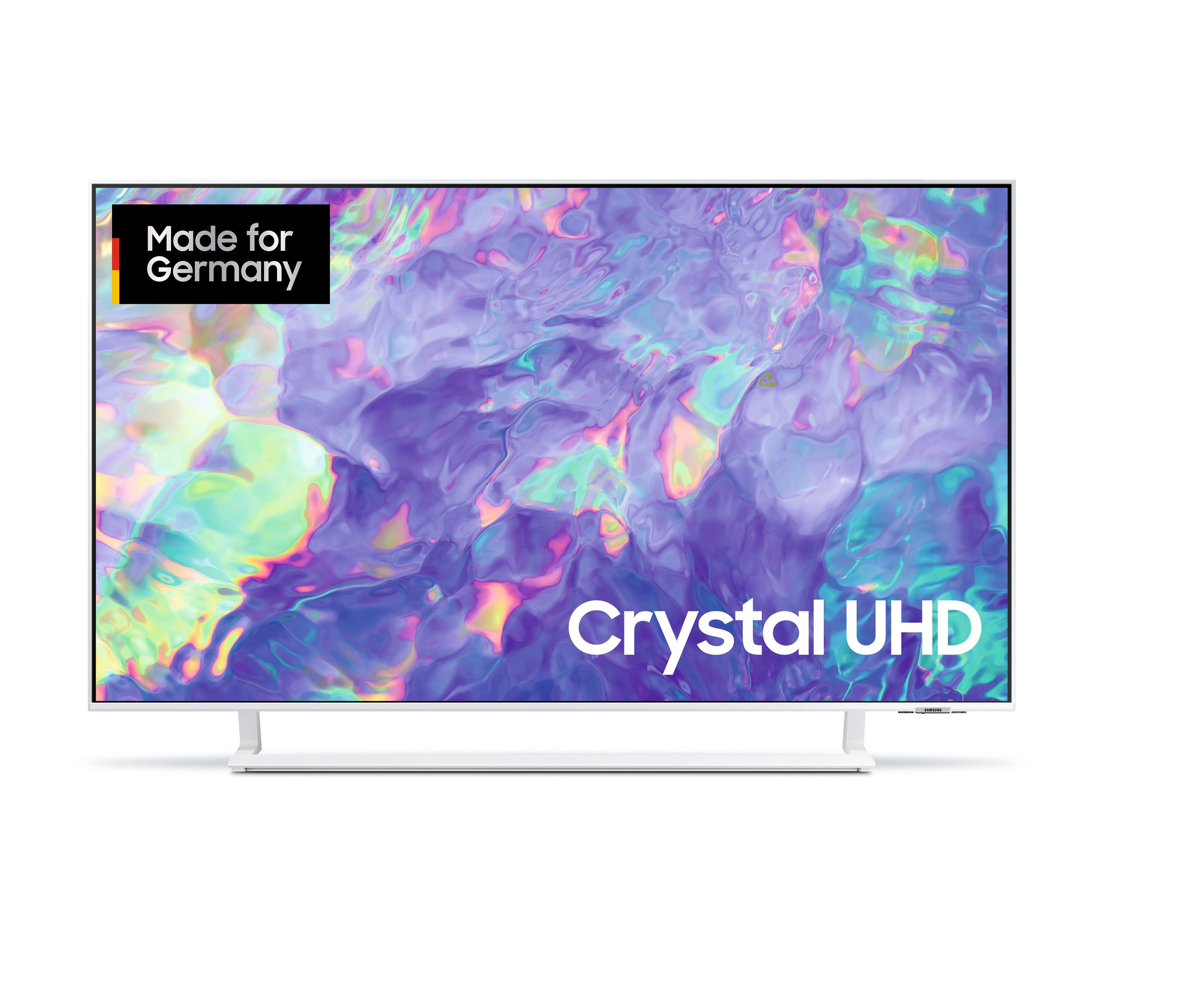 Ein weißer Samsung GU50CU8589UXZG Crystal UHD-4K-LED-TV steht auf einem weißen Sockel und zeigt ein abstraktes lila Muster auf dem Bildschirm.