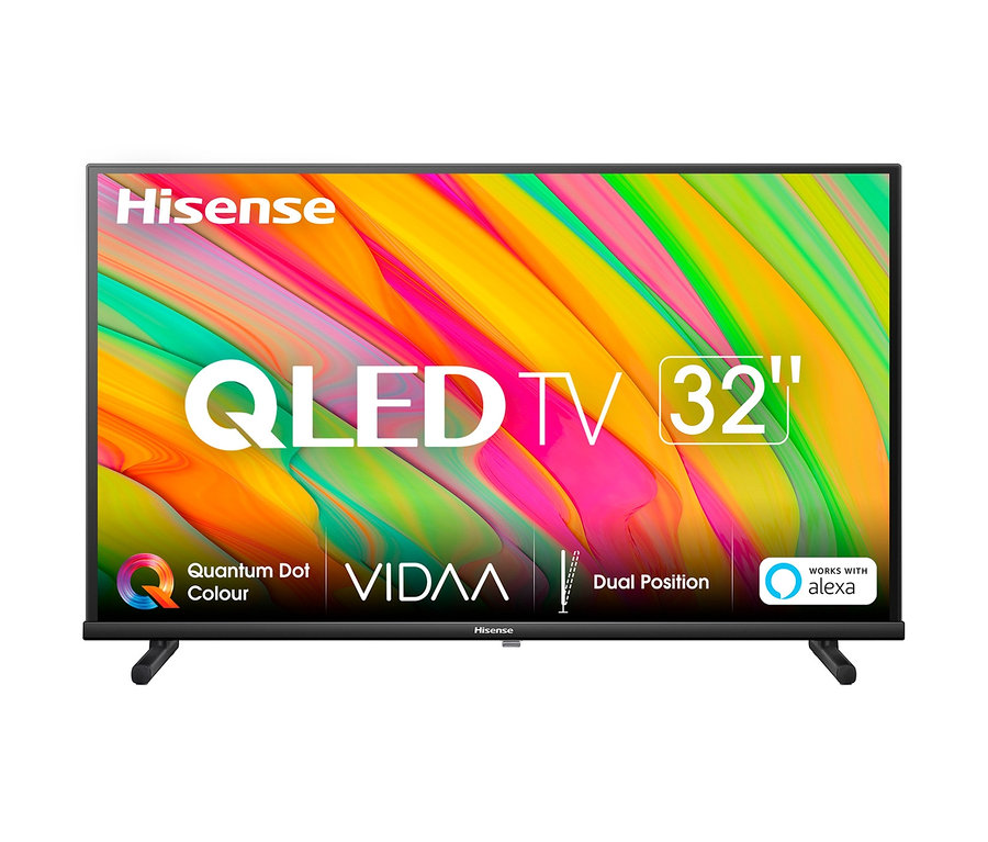 Ein Hisense Fernseher mit einem farbenfrohen QLED TV 32" Bildschirm.
