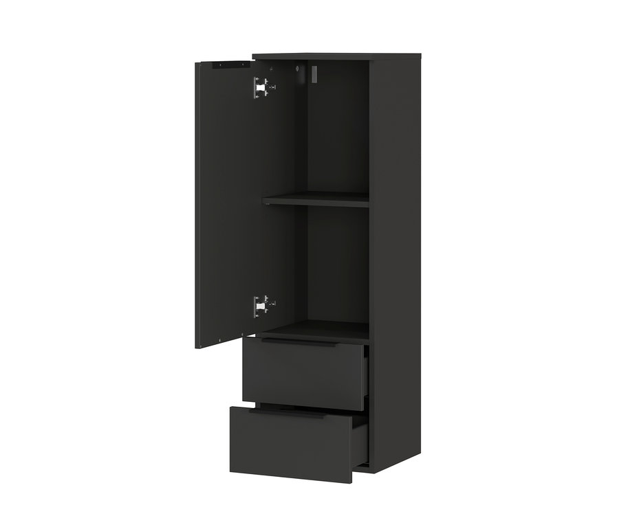 Ein schwarzer Dalvik Mediumschrank mit offener Tür und zwei Schubladen.