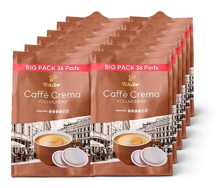 Stapel brauner Kaffeepads Caffè Crema Vollmundig.