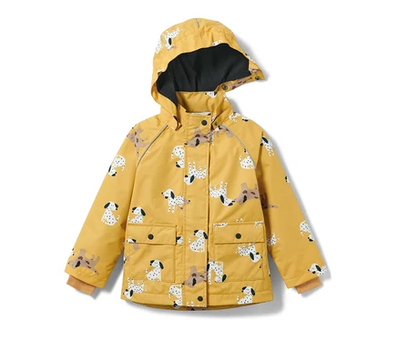 Gelbe Kinder-Thermo-Regenjacke mit Dalmatiner-Muster.