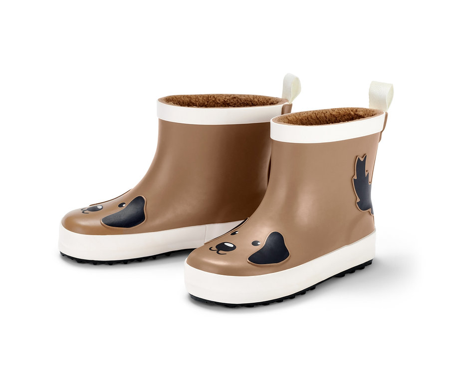 Zwei braune Kinder-Chelsea-Regenstiefel mit Tiermotiv.