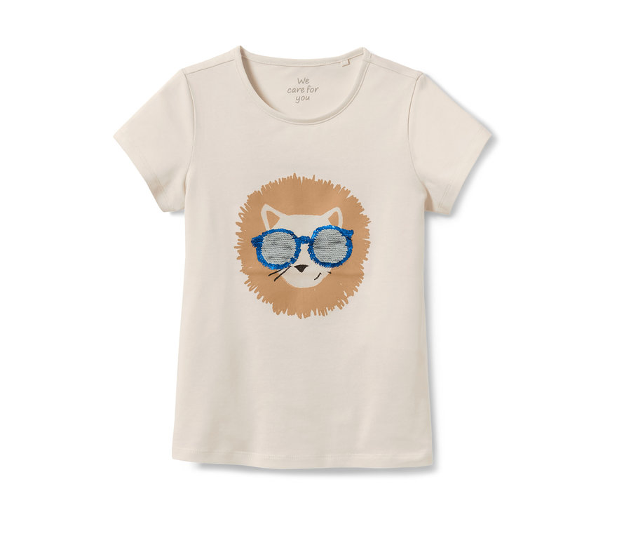 Weißes Kinder-T-Shirt mit Löwenmotiv und blauer Pailletten-Brille.