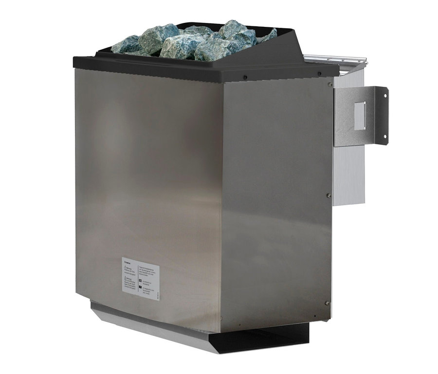 Detailansicht eines Saunaofens mit Lavasteinen obenauf.