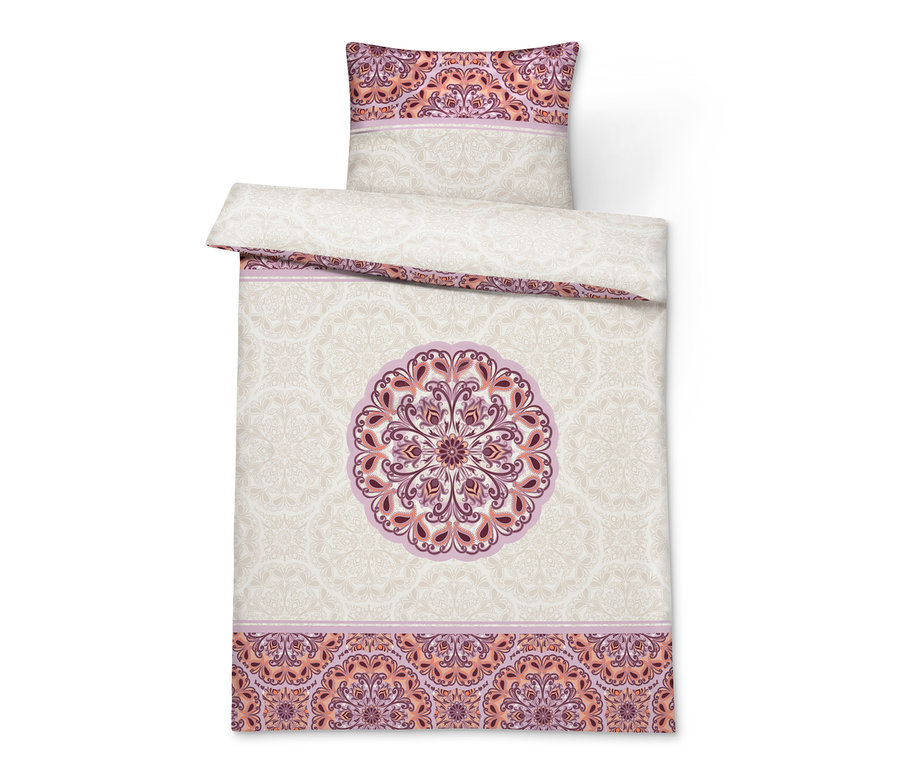 Beige Perkal-Bettwäsche mit Blumenmuster. Das Set enthält einen Kissen- und einen Deckenbezug.