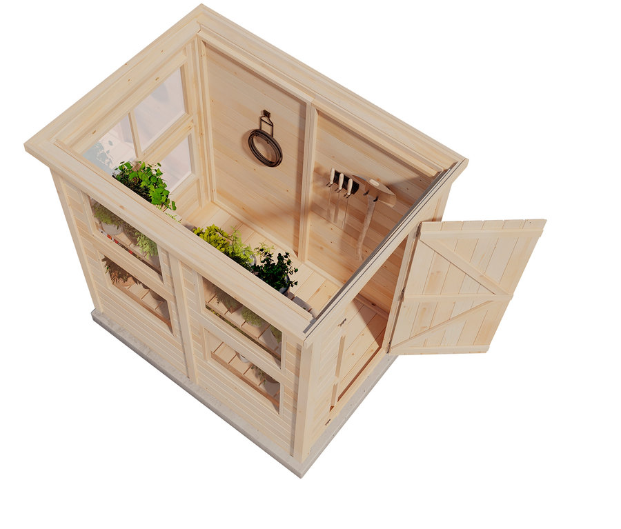 Draufsicht auf ein hölzernes Anzucht-und-Gerätehaus mit Fensterfront, 12 mm, mit Pflanzen im Inneren und offener Tür.