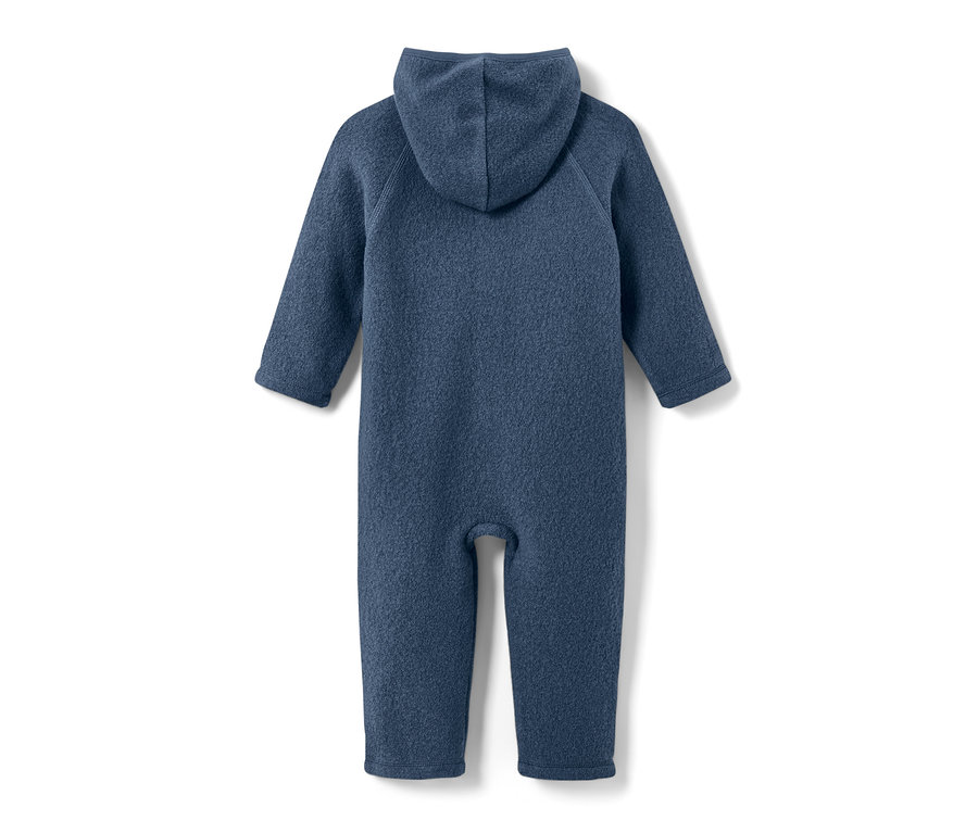 Blauer Baby-Walkoverall mit Merinowolle von hinten.