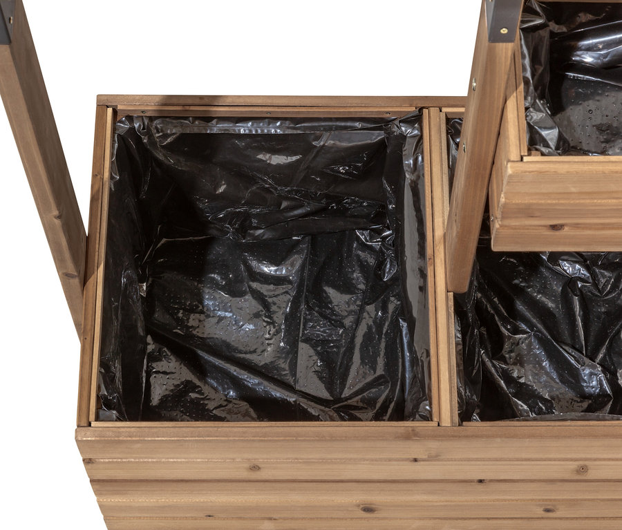 Detailansicht des leeren, beidseitig bepflanzbaren Sichtschutzes »Tinus« aus Holz mit schwarzem Inneneinsatz.
