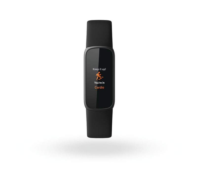Ein schwarzer Fitness-Tracker »Luxe« mit Zusatzarmband zeigt die Nachricht "Keep it up!".