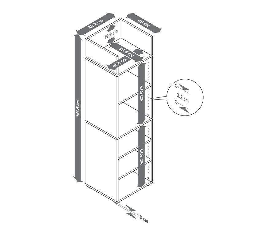 Offener Büroschrank mit Maßangaben.