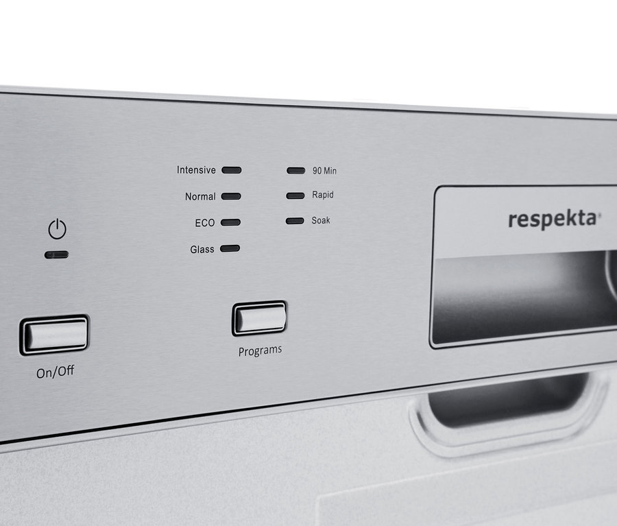 Nahaufnahme des Bedienfelds des Respekta teilintegrierbarer-Geschirrspüler »GSP60IBATIDM« mit silberner Oberfläche und Tasten zum Ein- und Ausschalten sowie zur Programmauswahl.