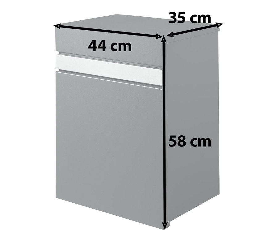 Abmessungen des grauen Paketbox-Briefkasten »Luxury« mit Hausnummer sind 44 x 35 x 58 cm.
