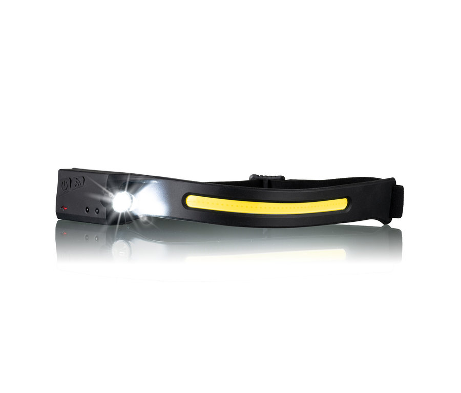 Eine schwarze Stirnlampe mit LED-Streifen leuchtet auf einem weißen Hintergrund.