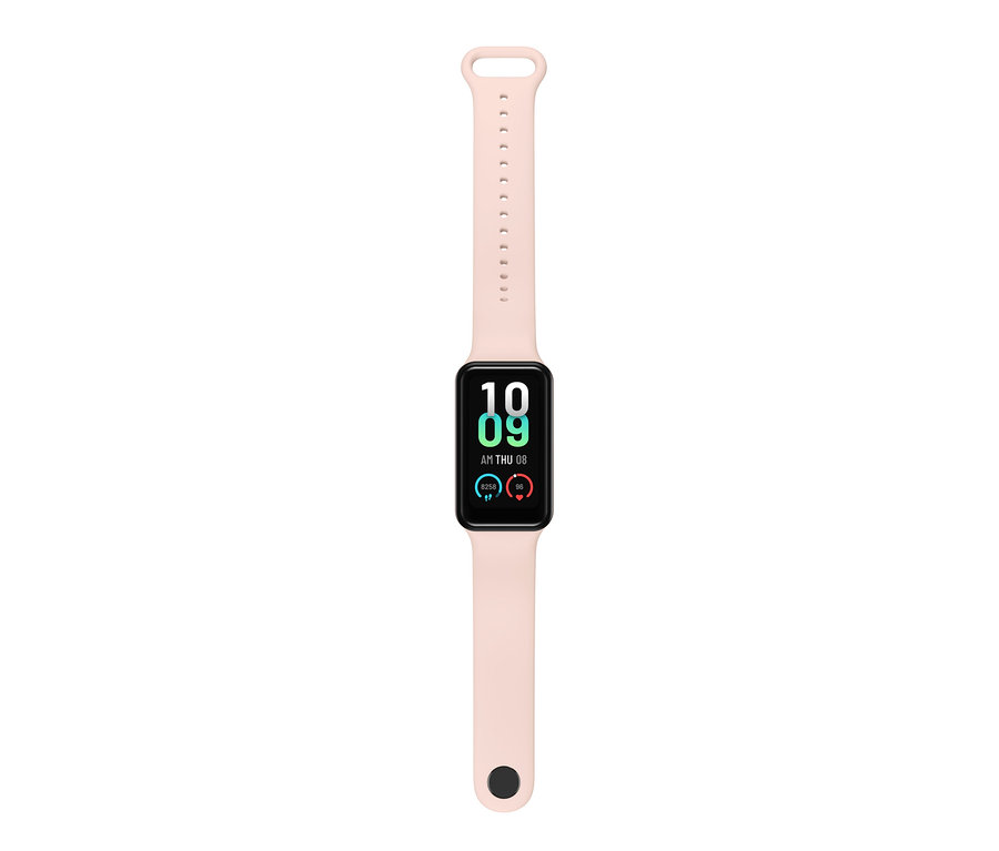 Detailansicht des pinken Amazfit Band 7 Aktivitätstrackers.
