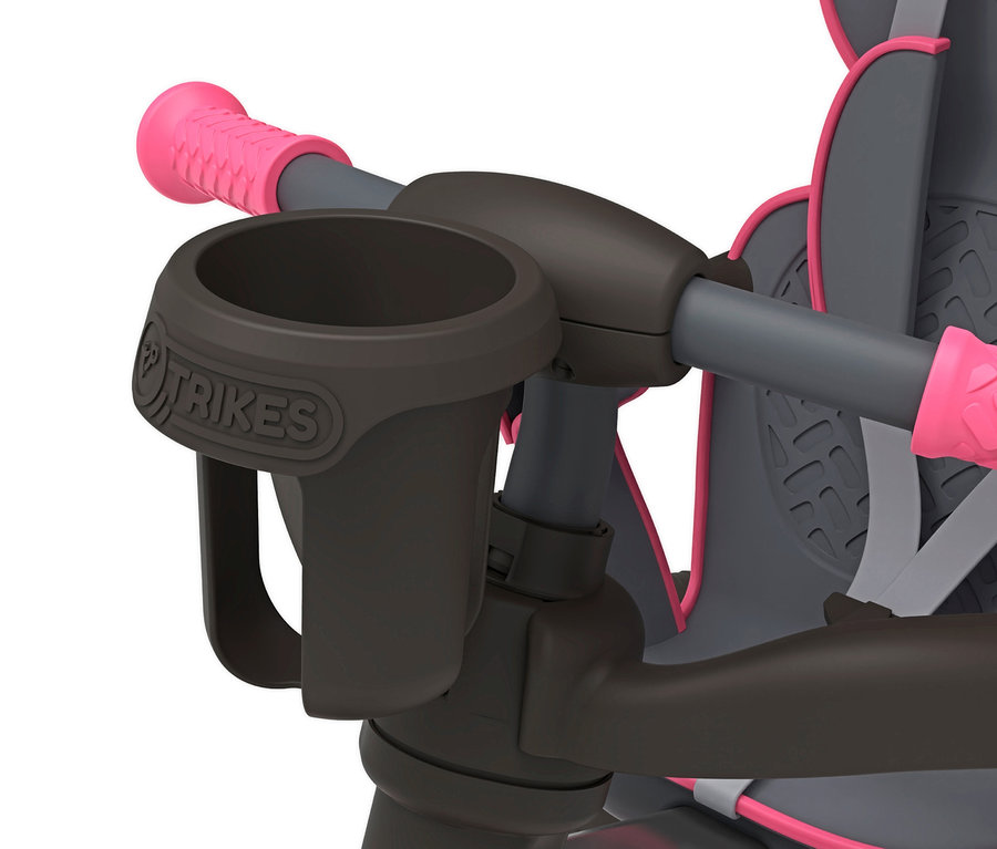 Nahaufnahme eines schwarz-grauen TP Toys 4-in-1-Dreirads »Panther« mit pinkfarbenen Details.