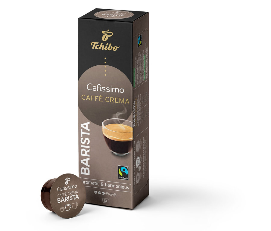 Eine Packung Cafissimo BARISTA Caffè Crema - 10 Kapseln und eine einzelne Kapsel.
