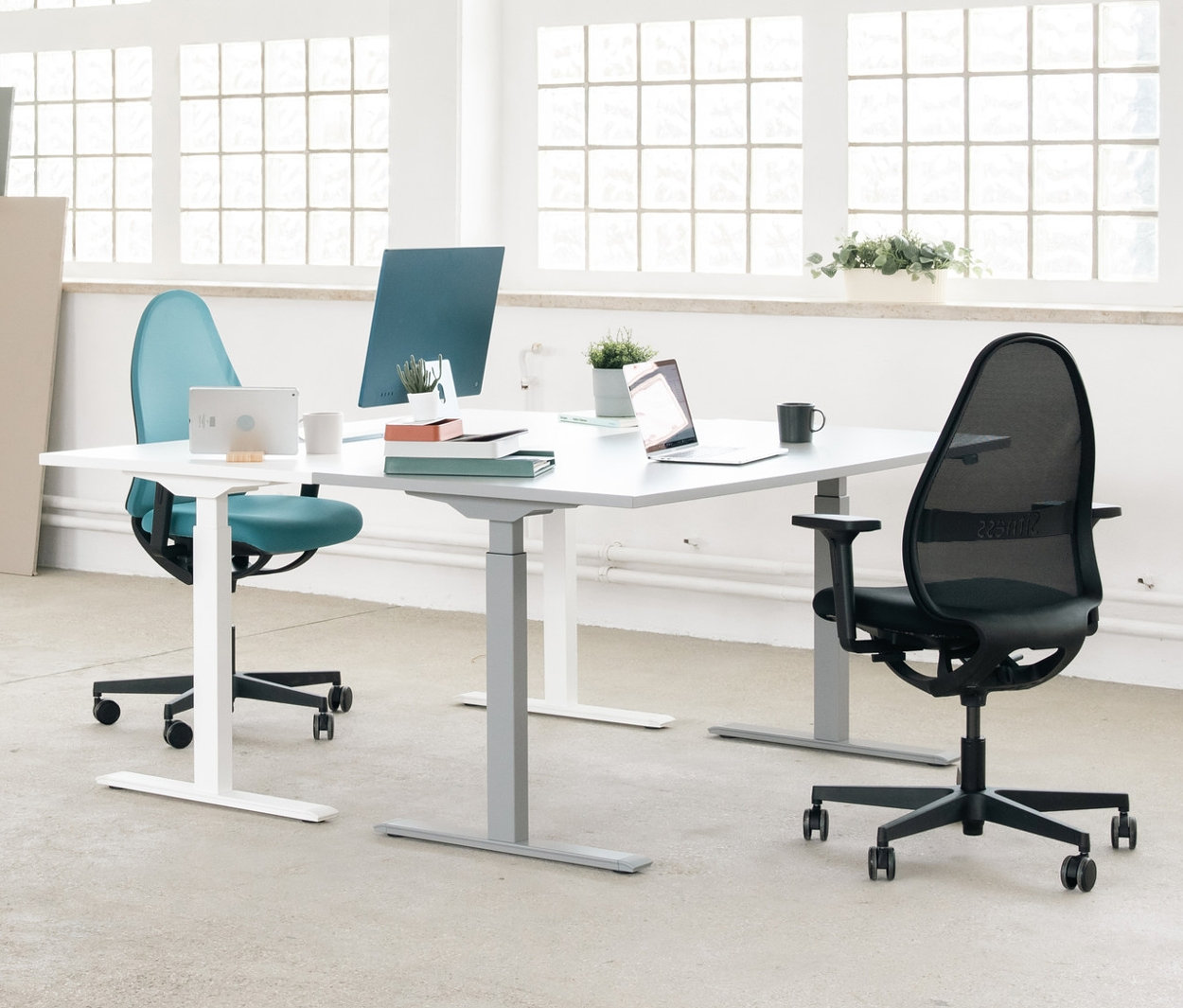 Weißer Raum mit weißem Tisch und zwei Topstar »SOFT SITNESS ART« Stühlen, einem schwarzen und einem blauen.