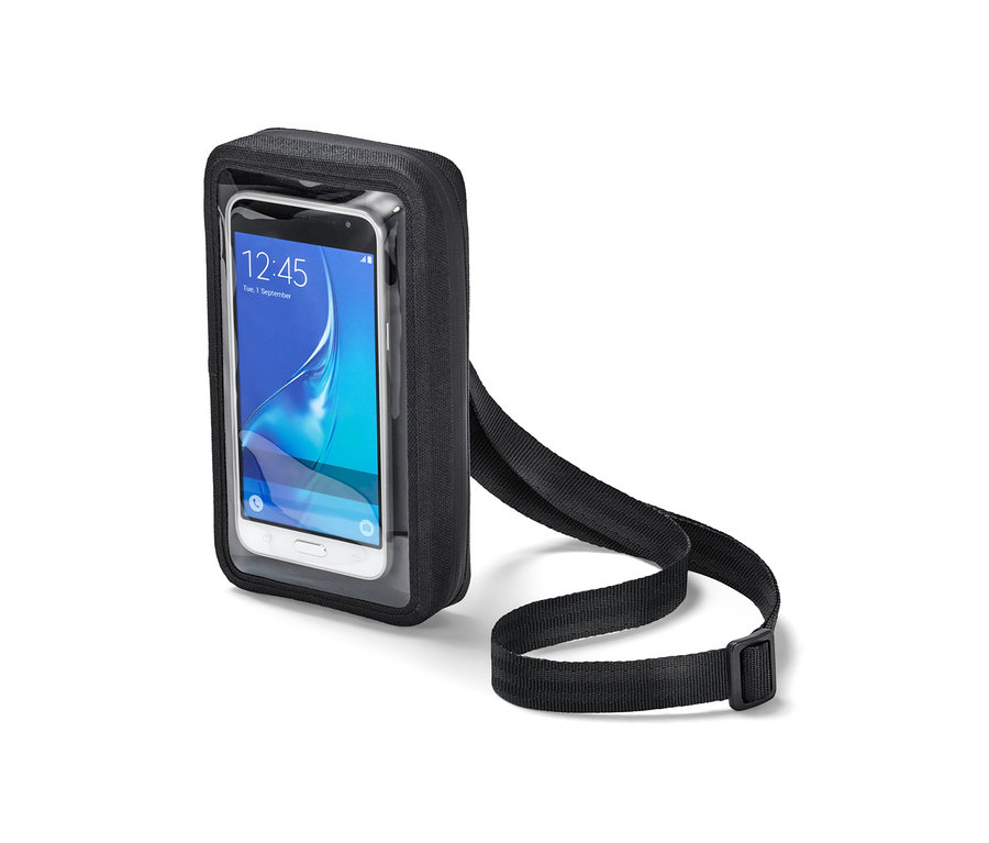 Schwarze 2-in-1-Smartphonetasche mit durchsichtigem Telefonfach und schwarzem Riemen.