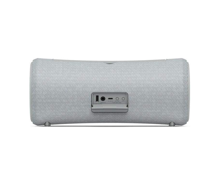 Detailansicht der Rückseite des grauen Sony SRS-XG300 Lautsprechers.