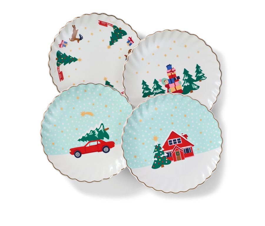 Vier weihnachtliche Dessertteller mit Glanzgolddekor.