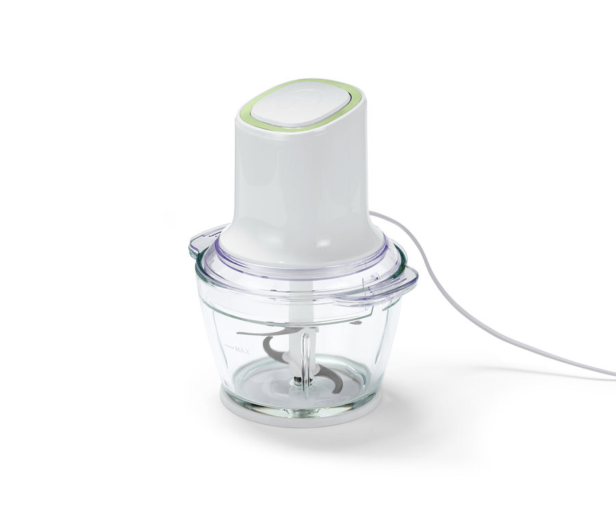 Ein Multizerkleinerer mit einem transparenten Glasbehälter und einem weißen Oberteil.