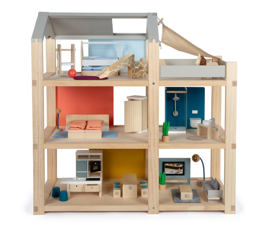 Dreistöckiges Holzpuppenhaus mit Möbeln von small foot.